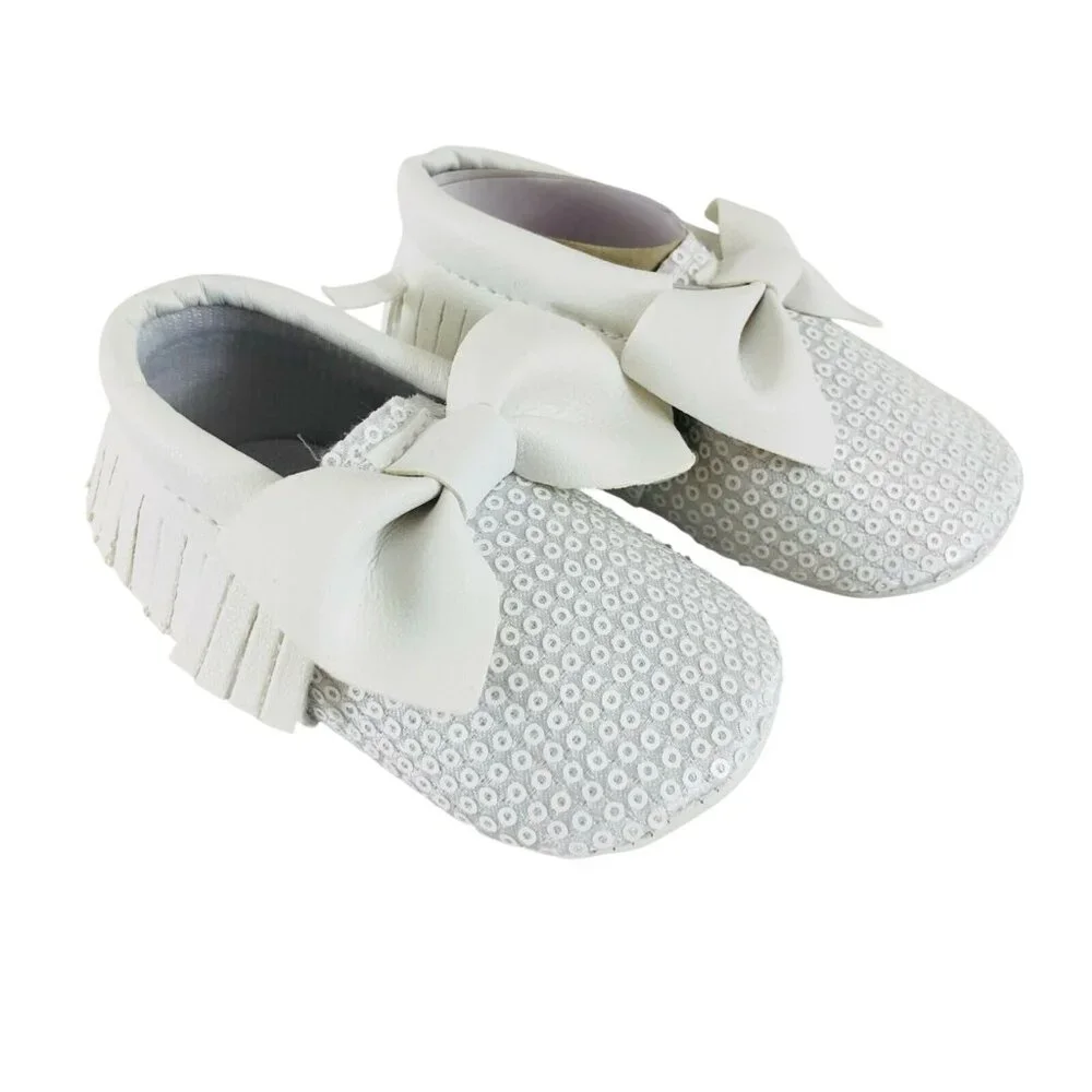 Baby Girls Dress Shoes Soft Sole Sequin Bow Fringe Faux Leather White Size 2